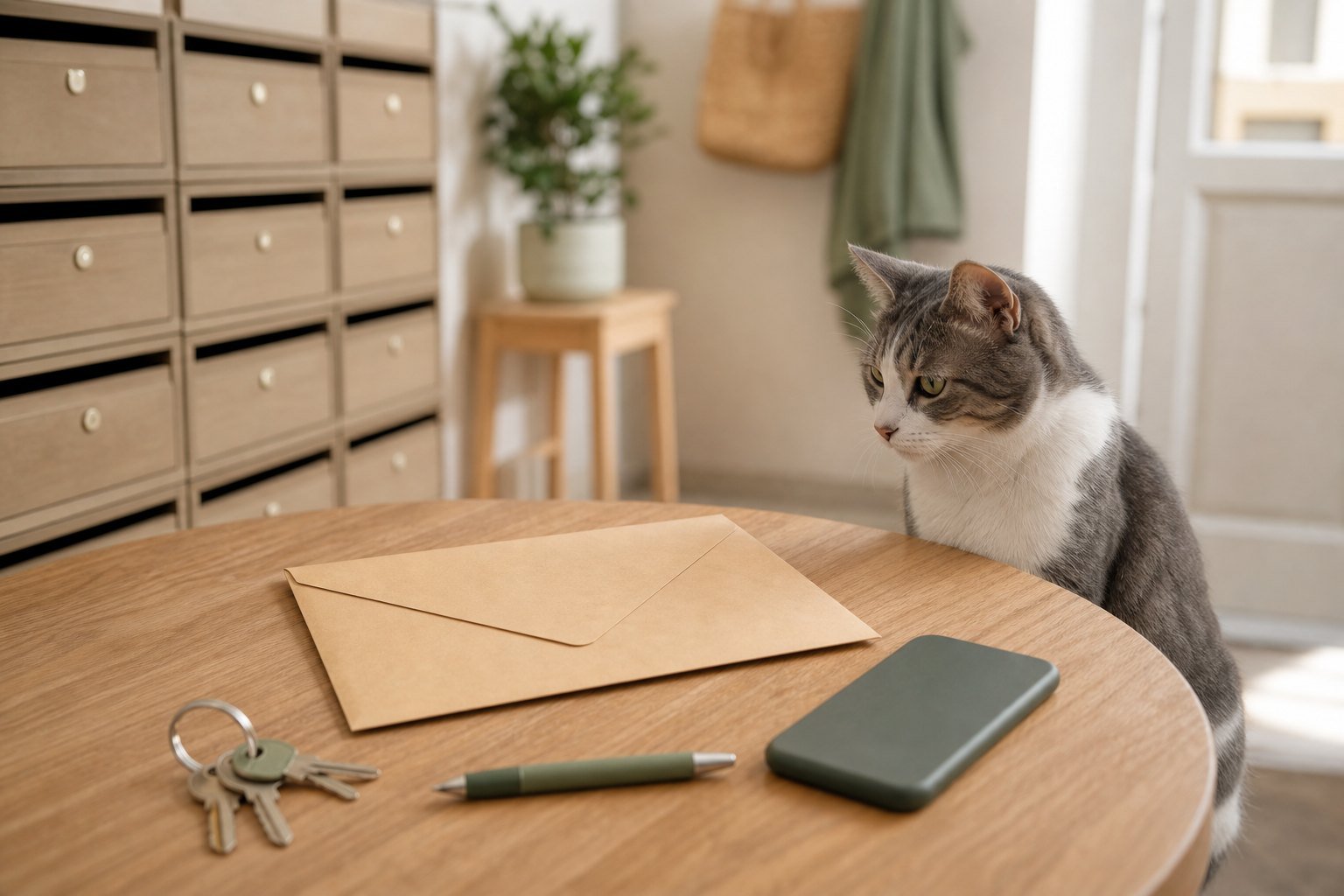 Apartment address checklist with envelope, keys, phone, and one cat