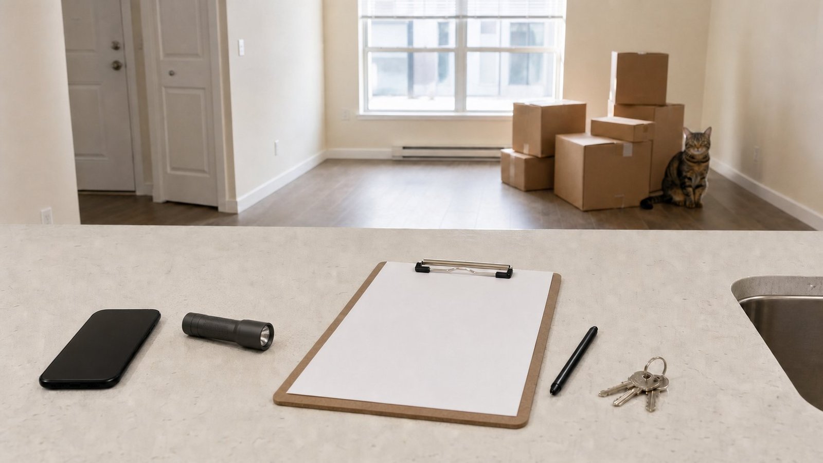 Apartment move-in inspection checklist with blank clipboard, keys, flashlight, moving boxes, and one tabby cat