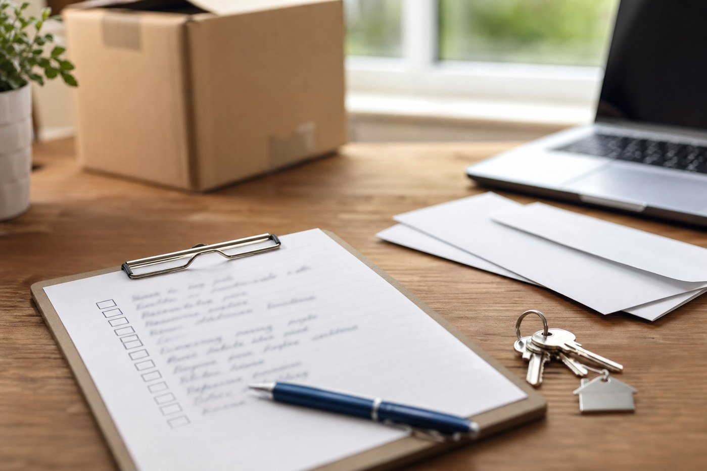 Change of address checklist on a realistic moving desk with mail, keys, and paperwork