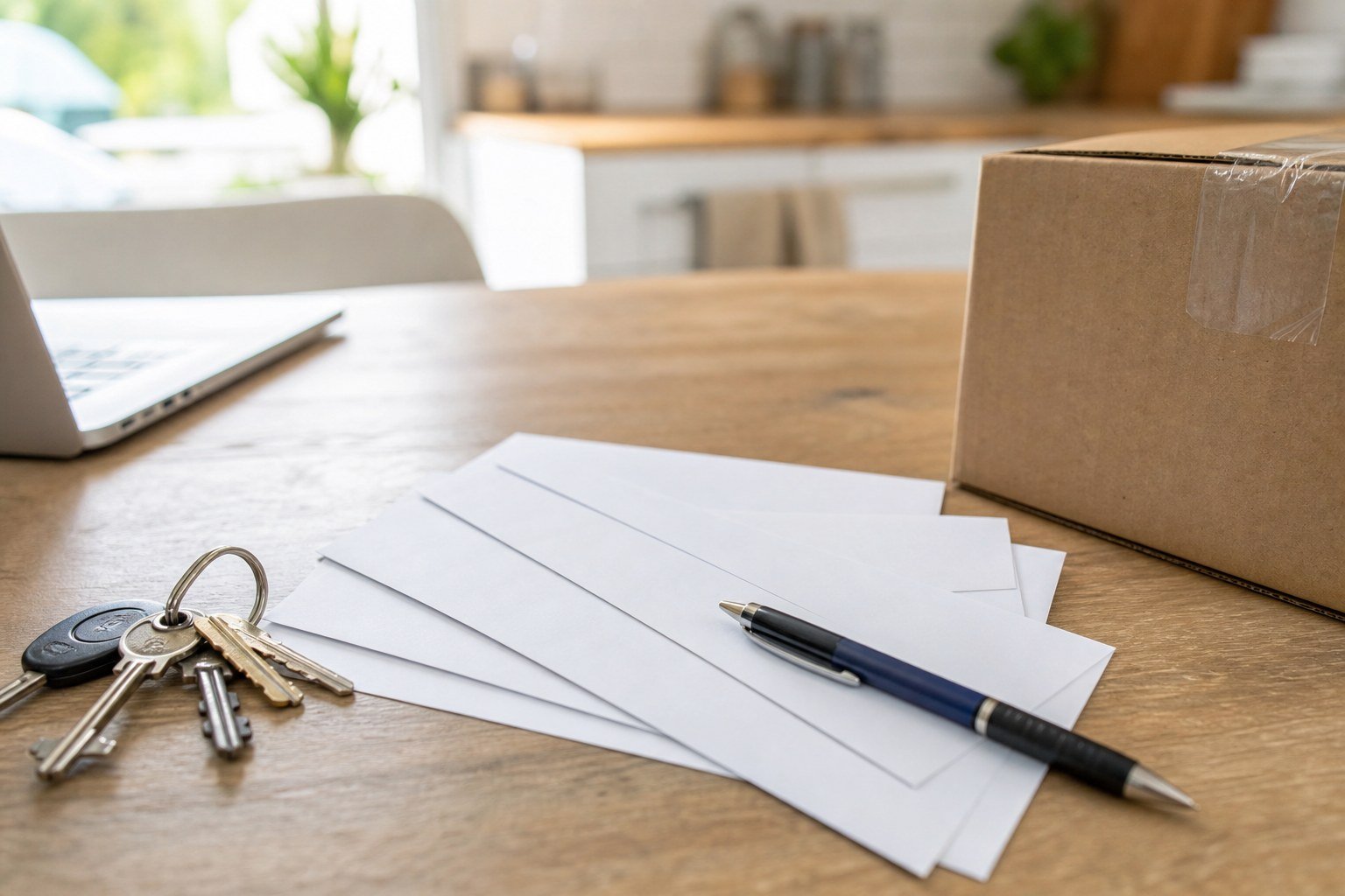 Blank envelopes, keys, pen, laptop, and moving box for an IRS change of address checklist