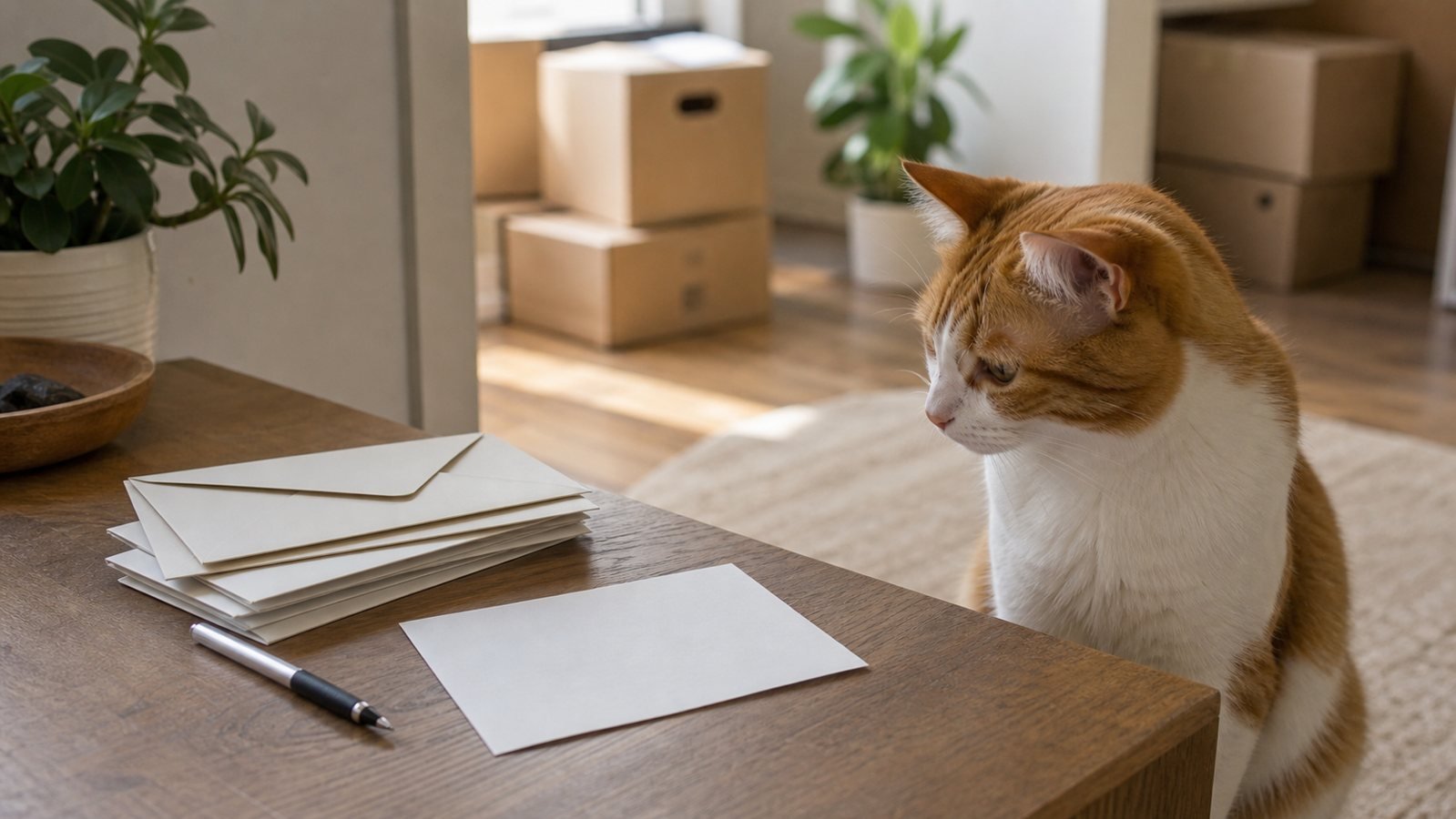 Mail for a previous resident beside moving boxes and one cat