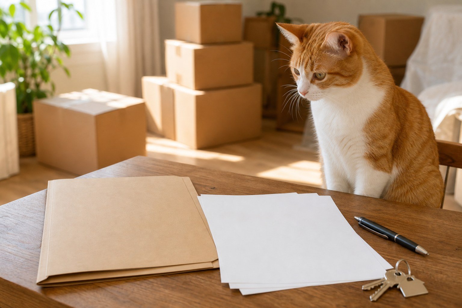 Moving company documents checklist beside one orange and white cat