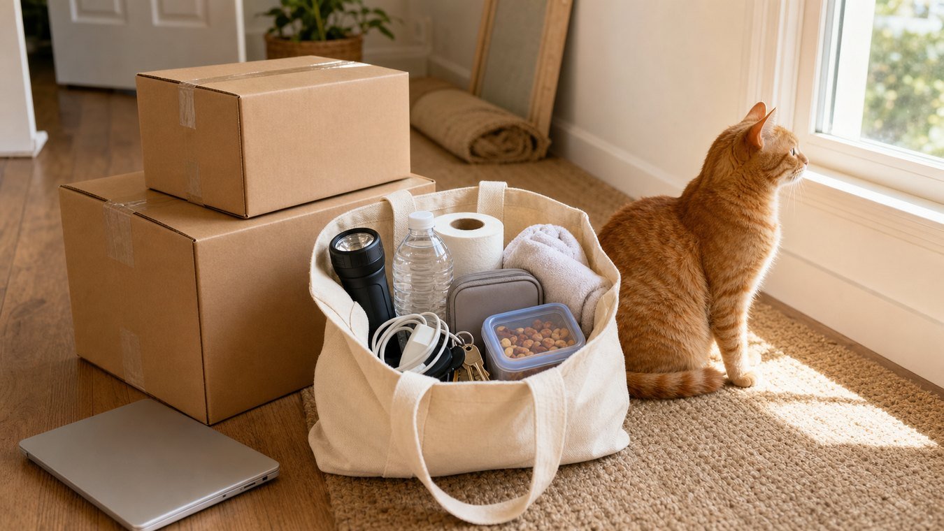 Moving day essentials checklist tote beside boxes and one orange cat