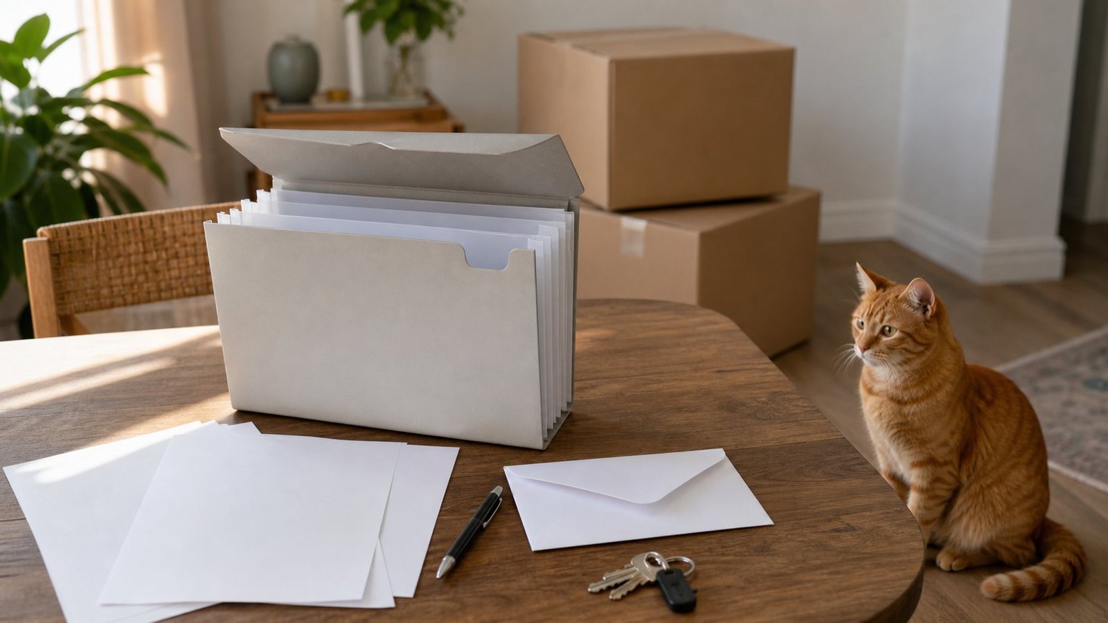Moving documents folder checklist with blank papers, keys, moving boxes, and one orange tabby cat