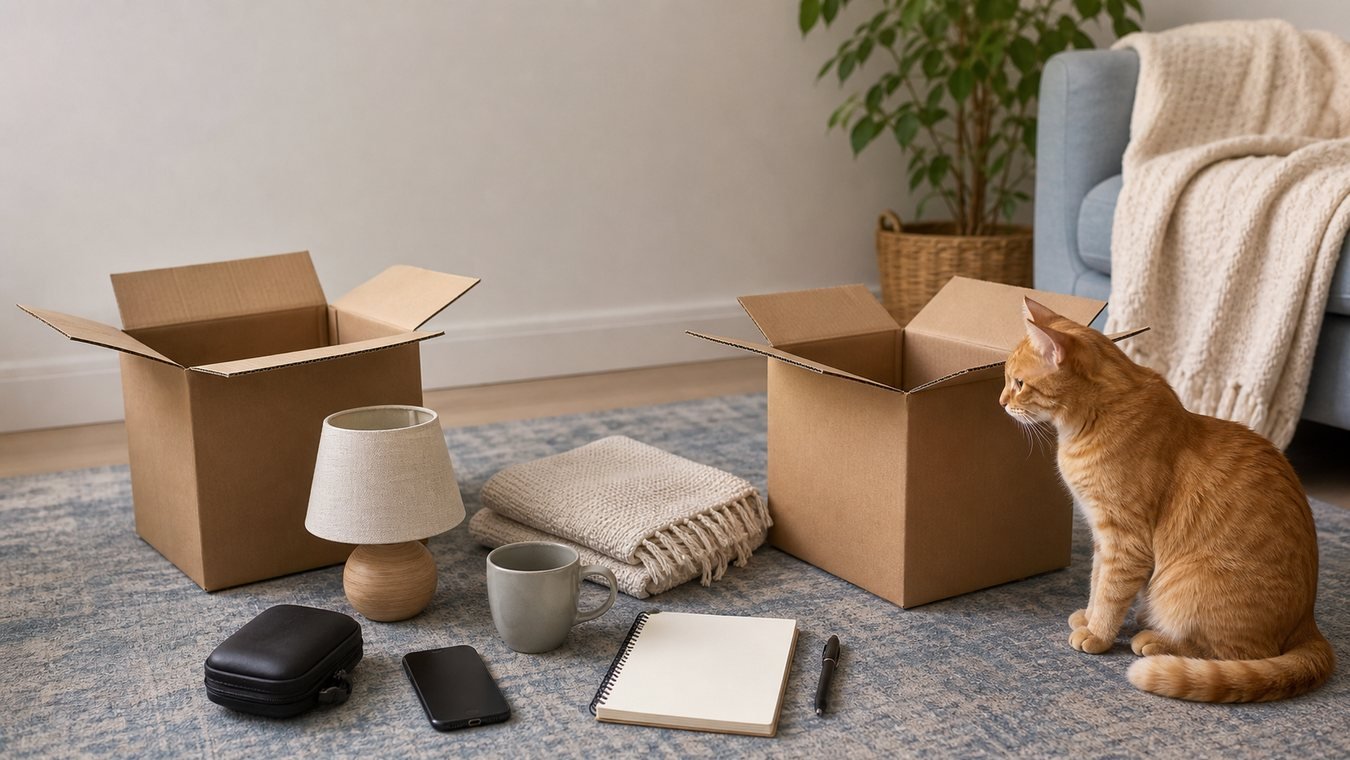 moving inventory checklist with open boxes and one orange cat