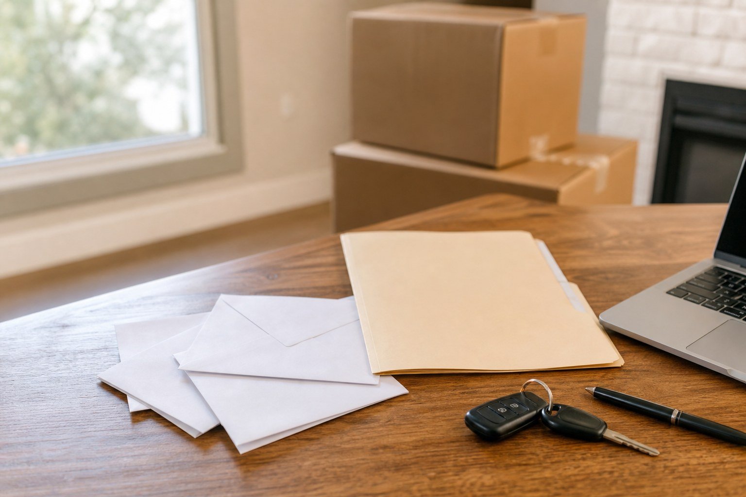Moving out of state checklist with paperwork, keys, envelopes, and moving boxes