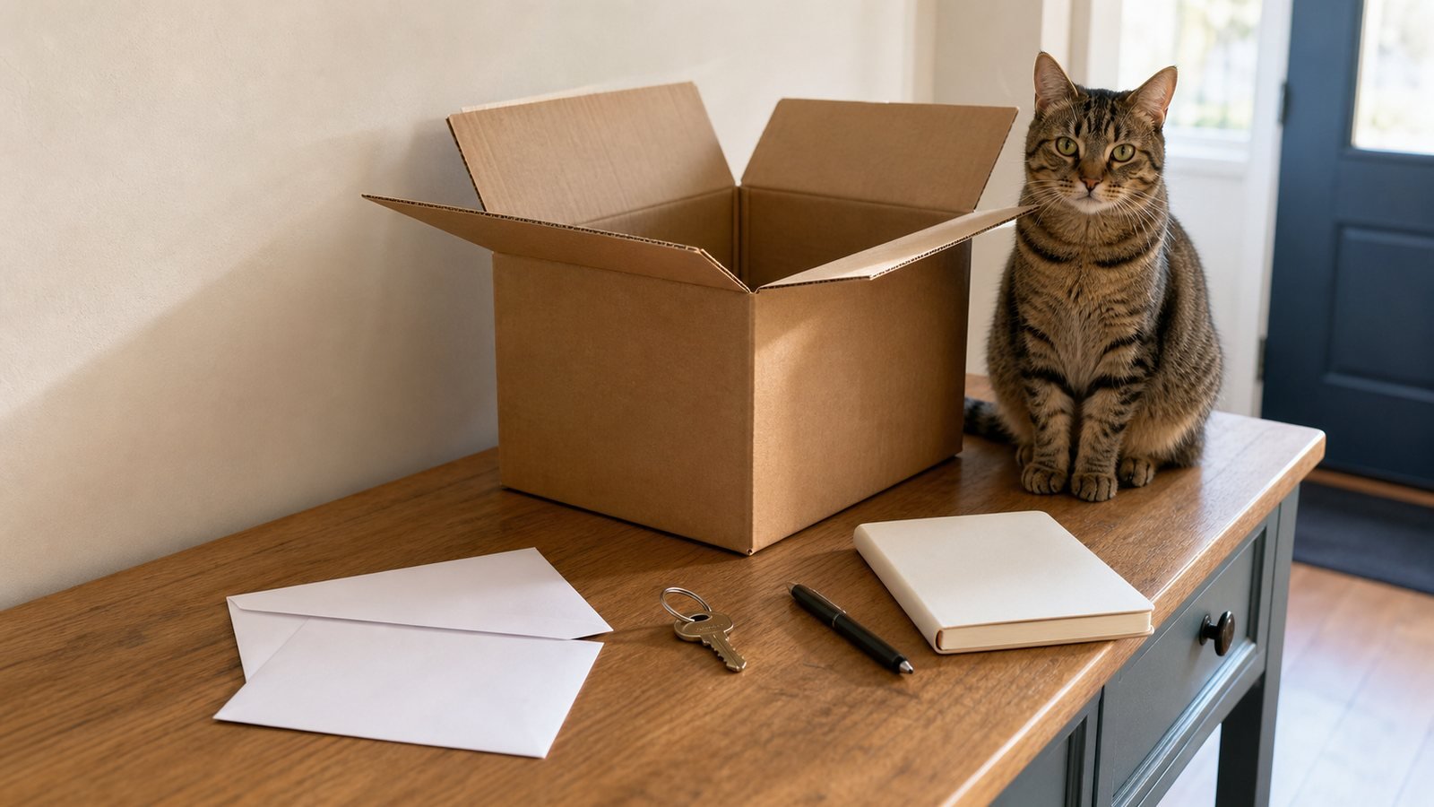 PO Box checklist with blank envelopes, a key, moving box, and one tabby cat