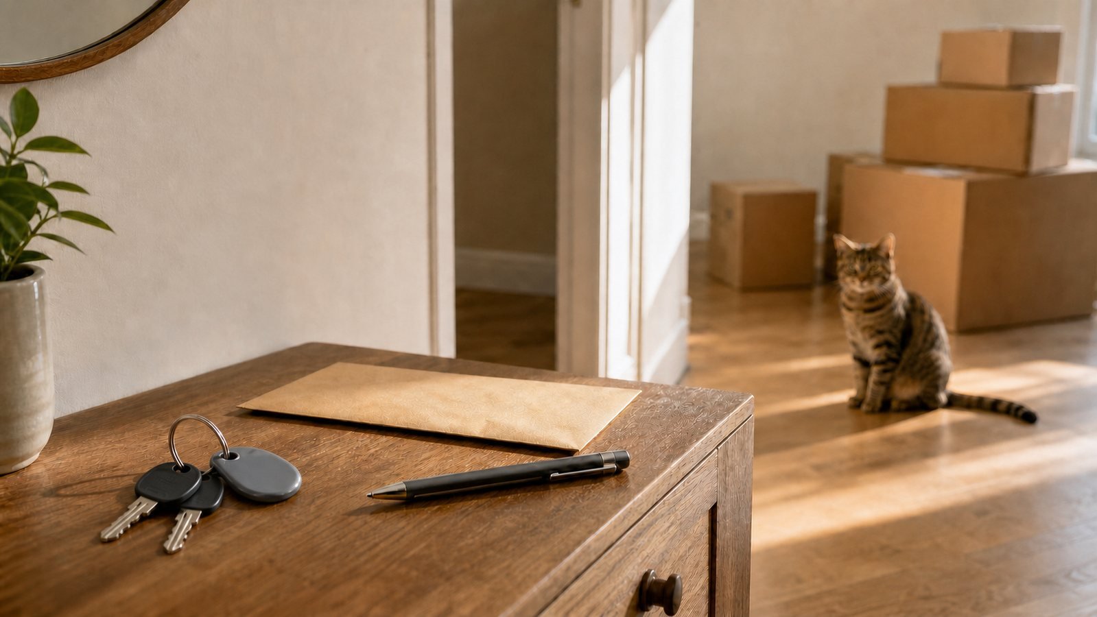 Rental key return checklist with apartment keys, blank envelope, moving boxes, and one tabby cat