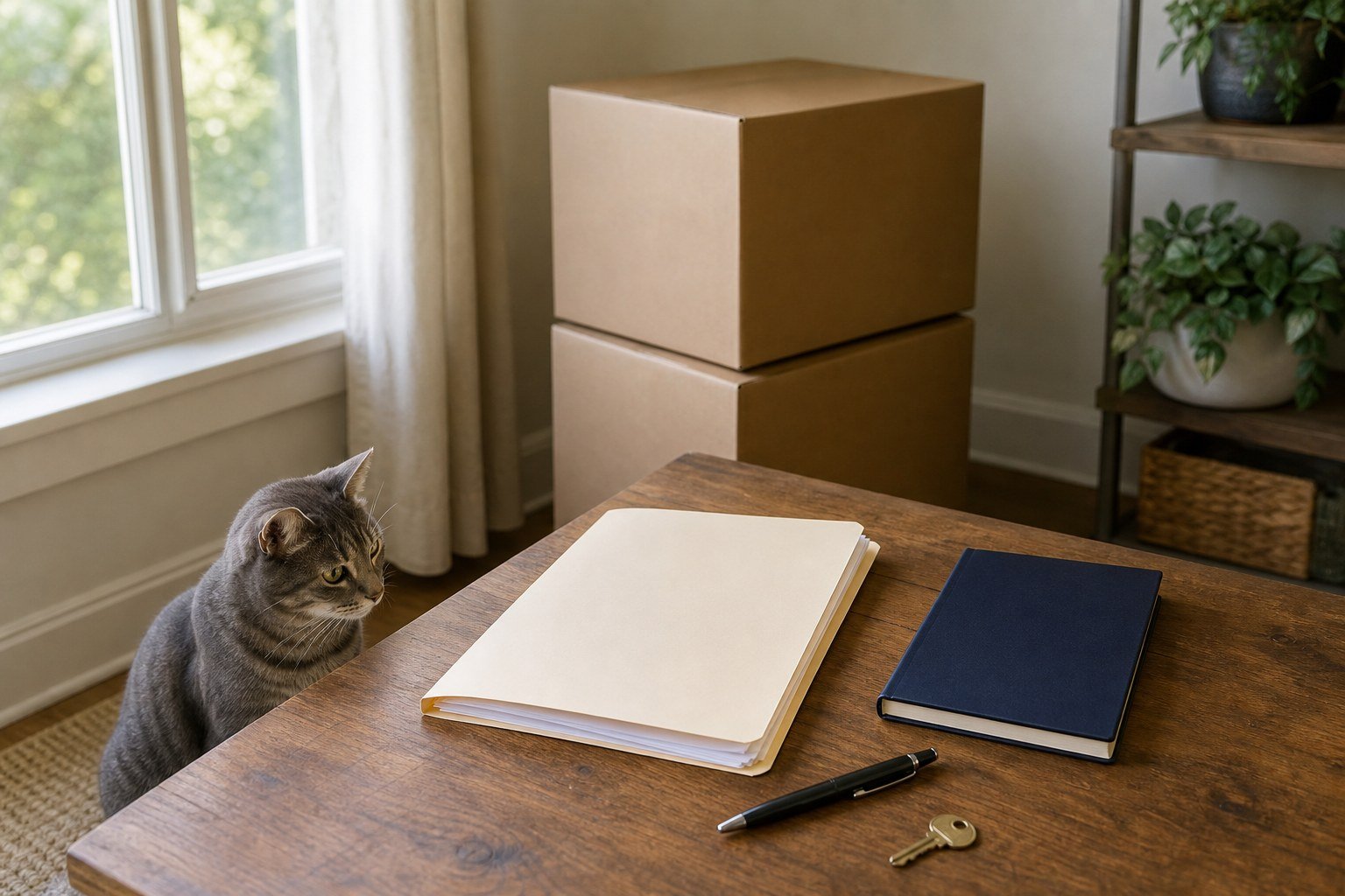 School records transfer checklist folder beside moving boxes and one gray tabby cat