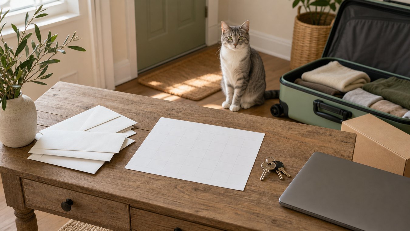 Temporary change of address checklist beside a suitcase and one cat