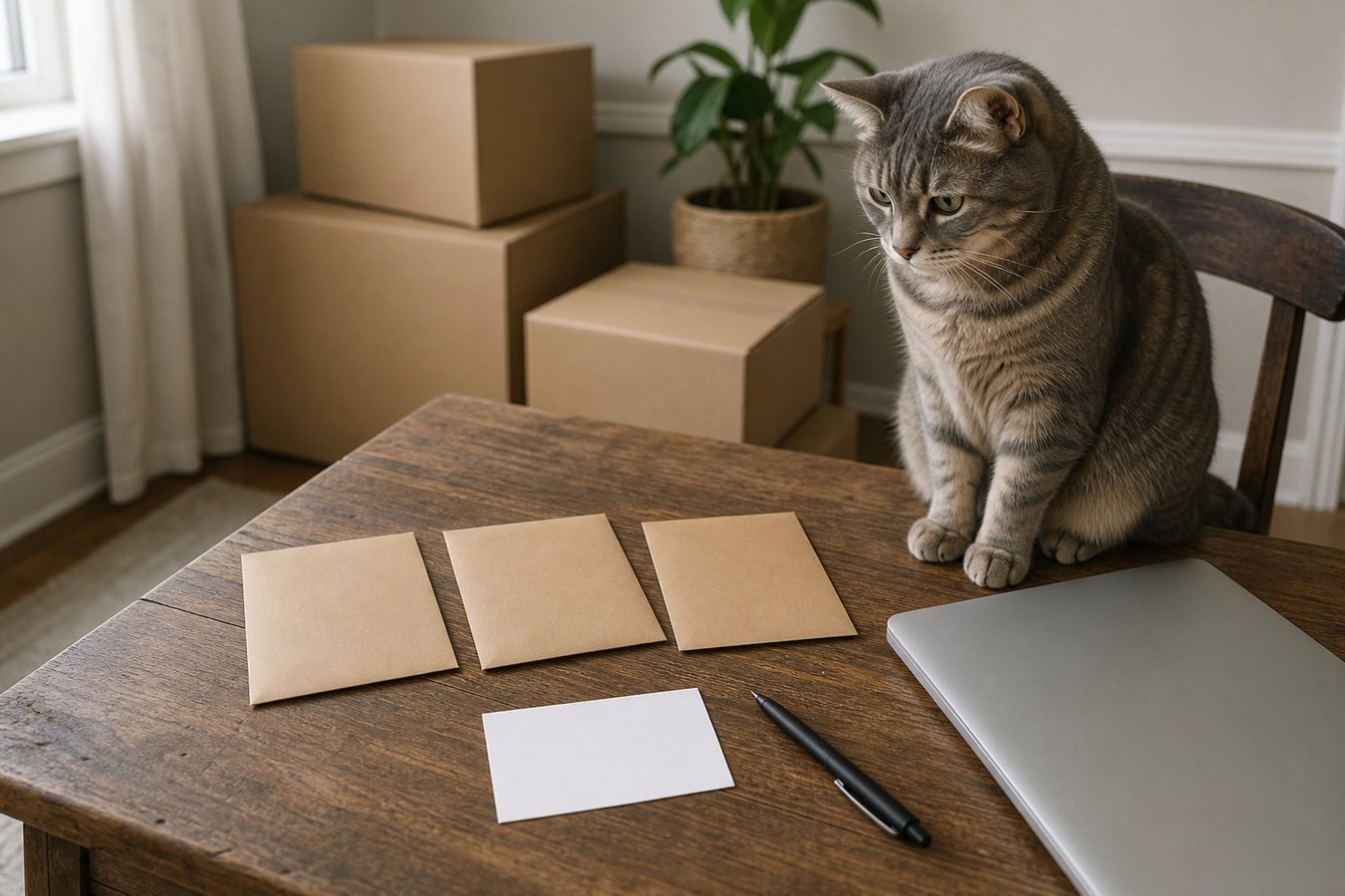 USPS change of address correction paperwork beside a gray tabby cat