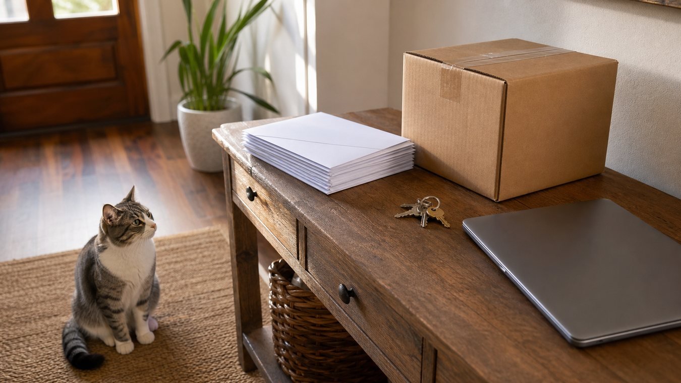 USPS Hold Mail checklist beside moving box and one cat