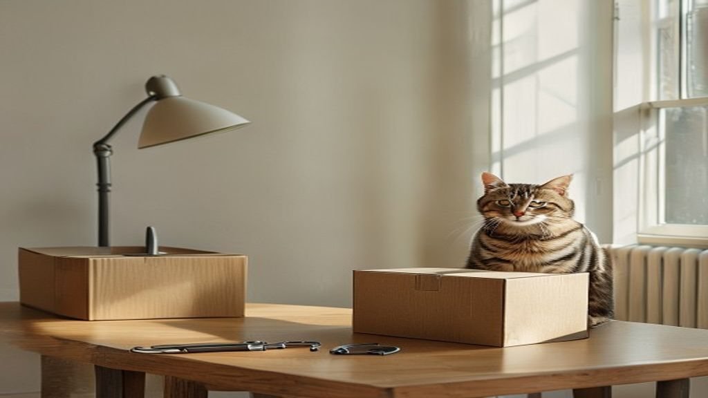 Utility transfer checklist with moving boxes, keys, a lit lamp, and one tabby cat