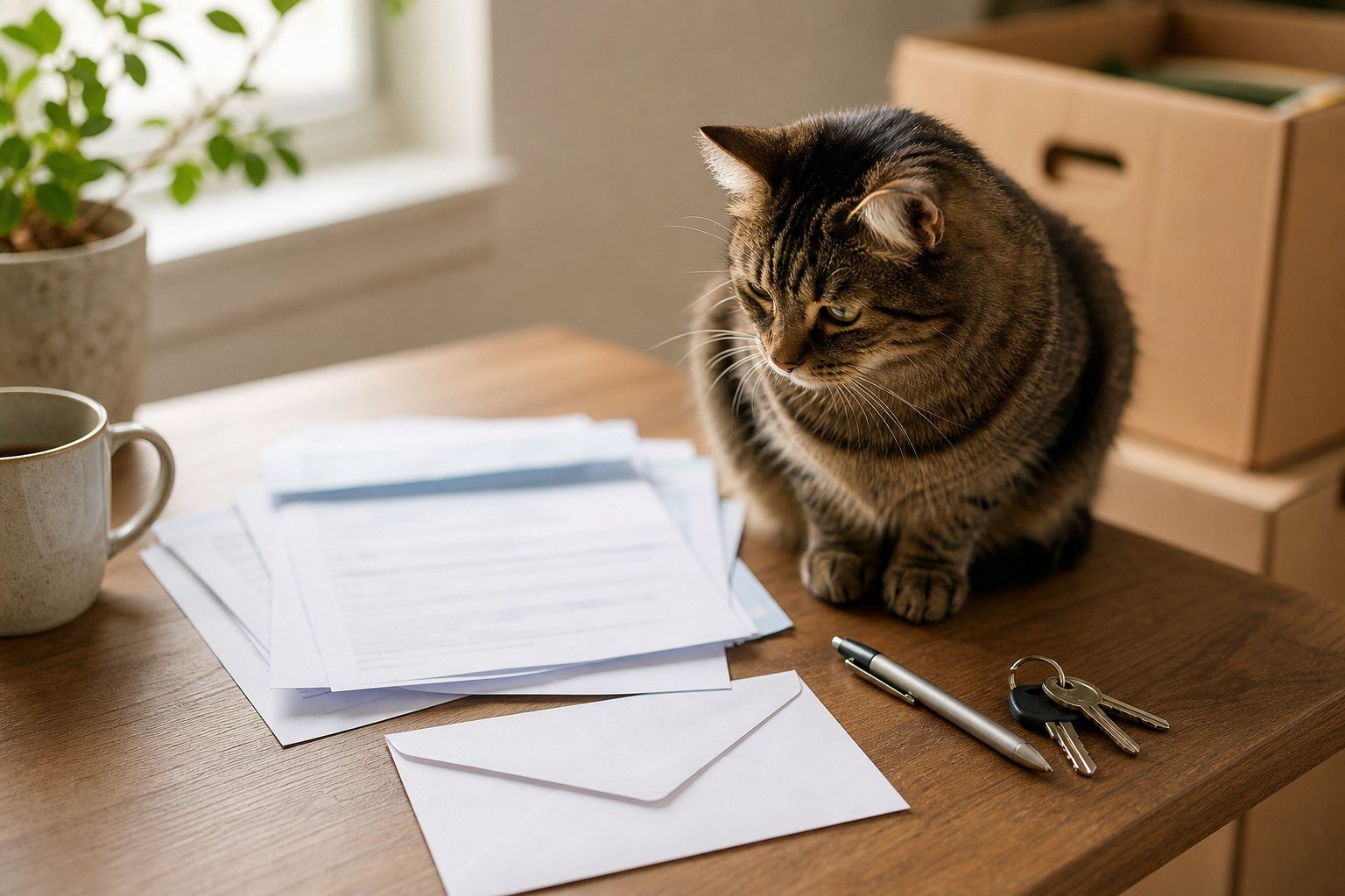 Voter registration after moving checklist with moving paperwork and one cute cat