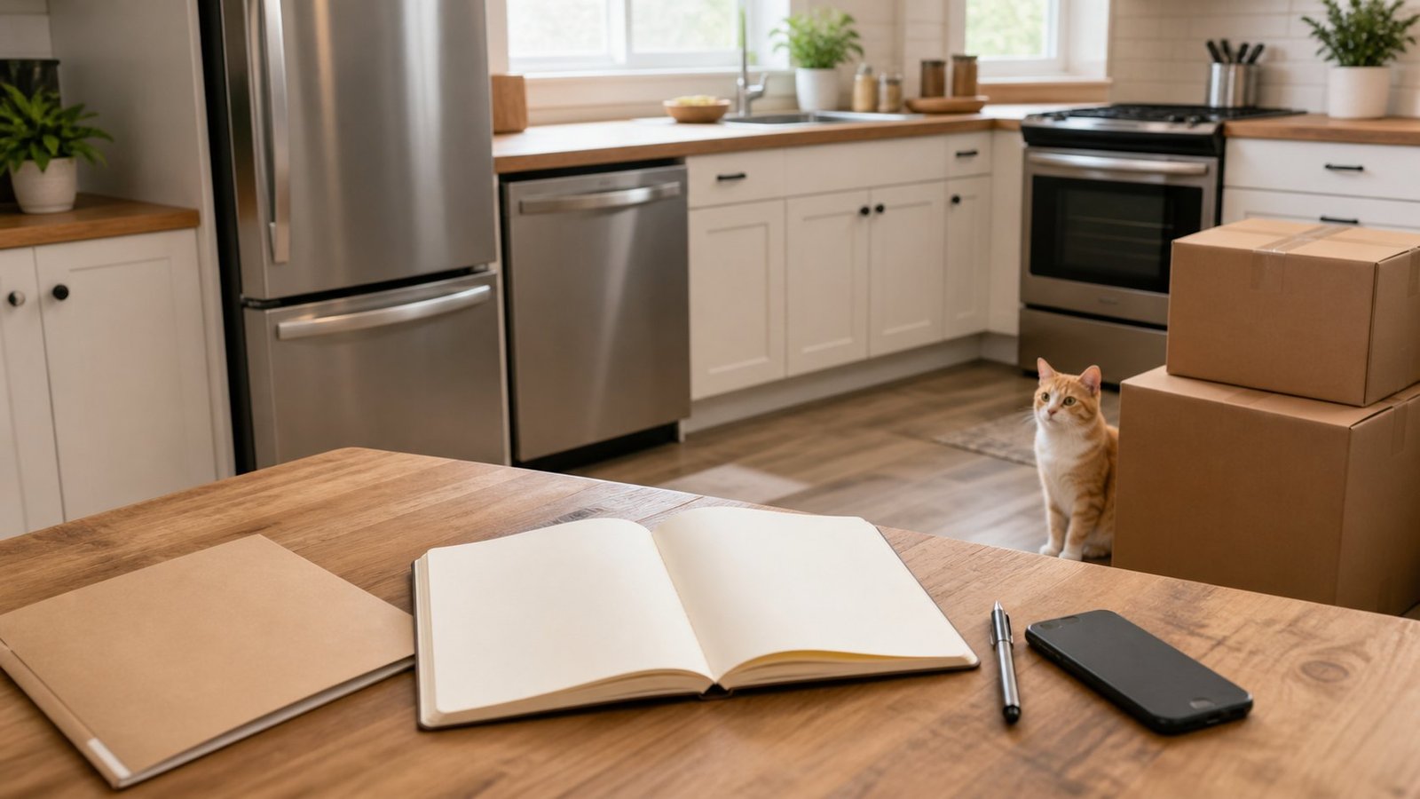 Appliance records checklist on a kitchen counter after moving with one cat nearby