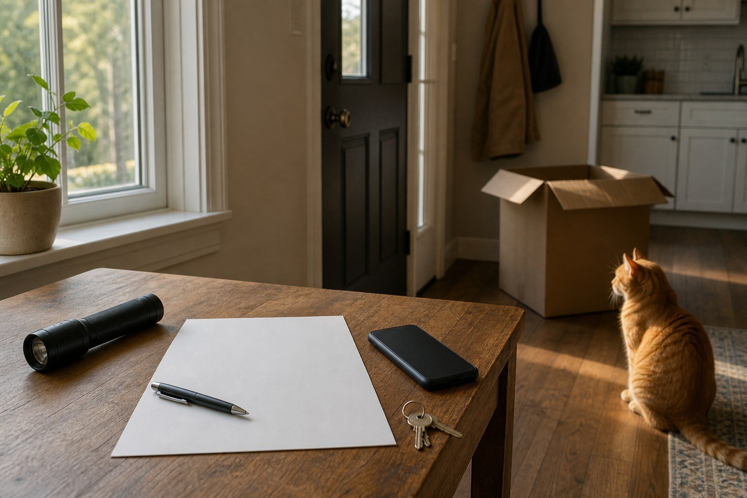 Emergency plan update checklist with keys, flashlight, blank plan, and one orange tabby cat in a new home