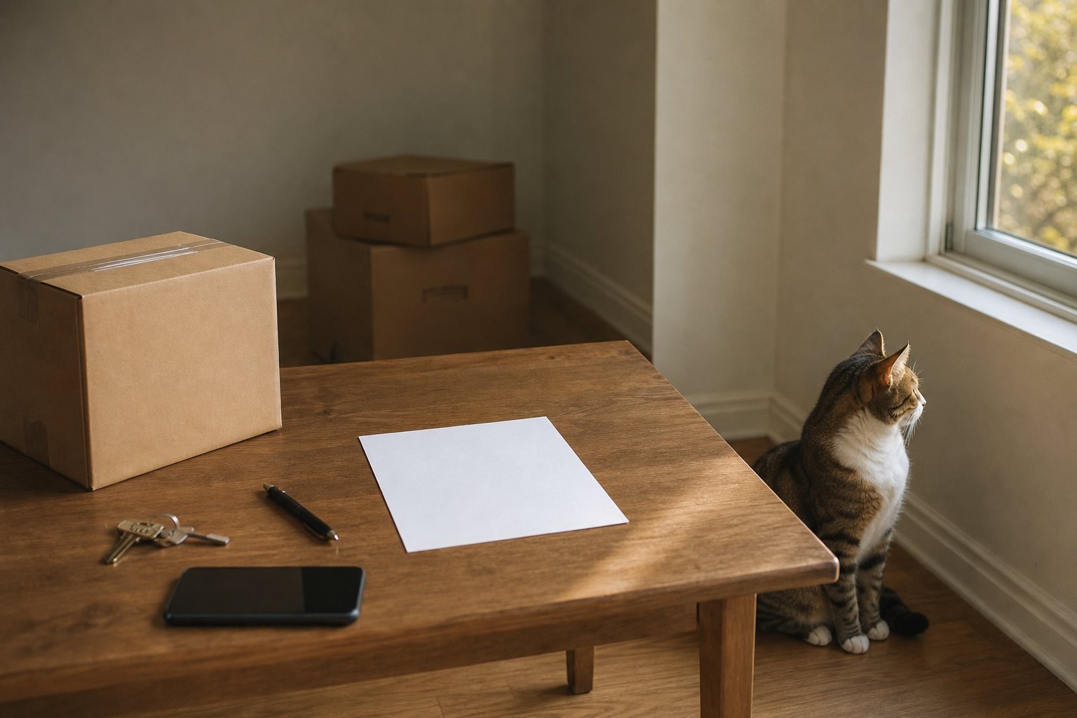 Final utility bill checklist beside moving keys and one cat