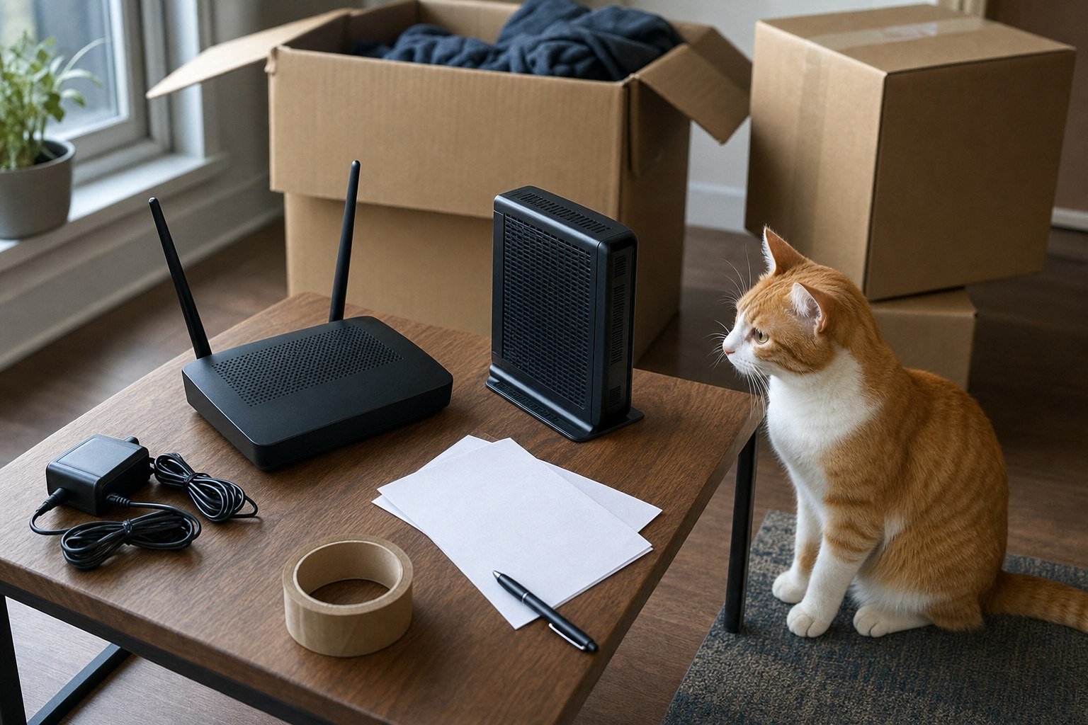 Internet equipment return checklist with modem, router, moving boxes, and one orange-and-white cat