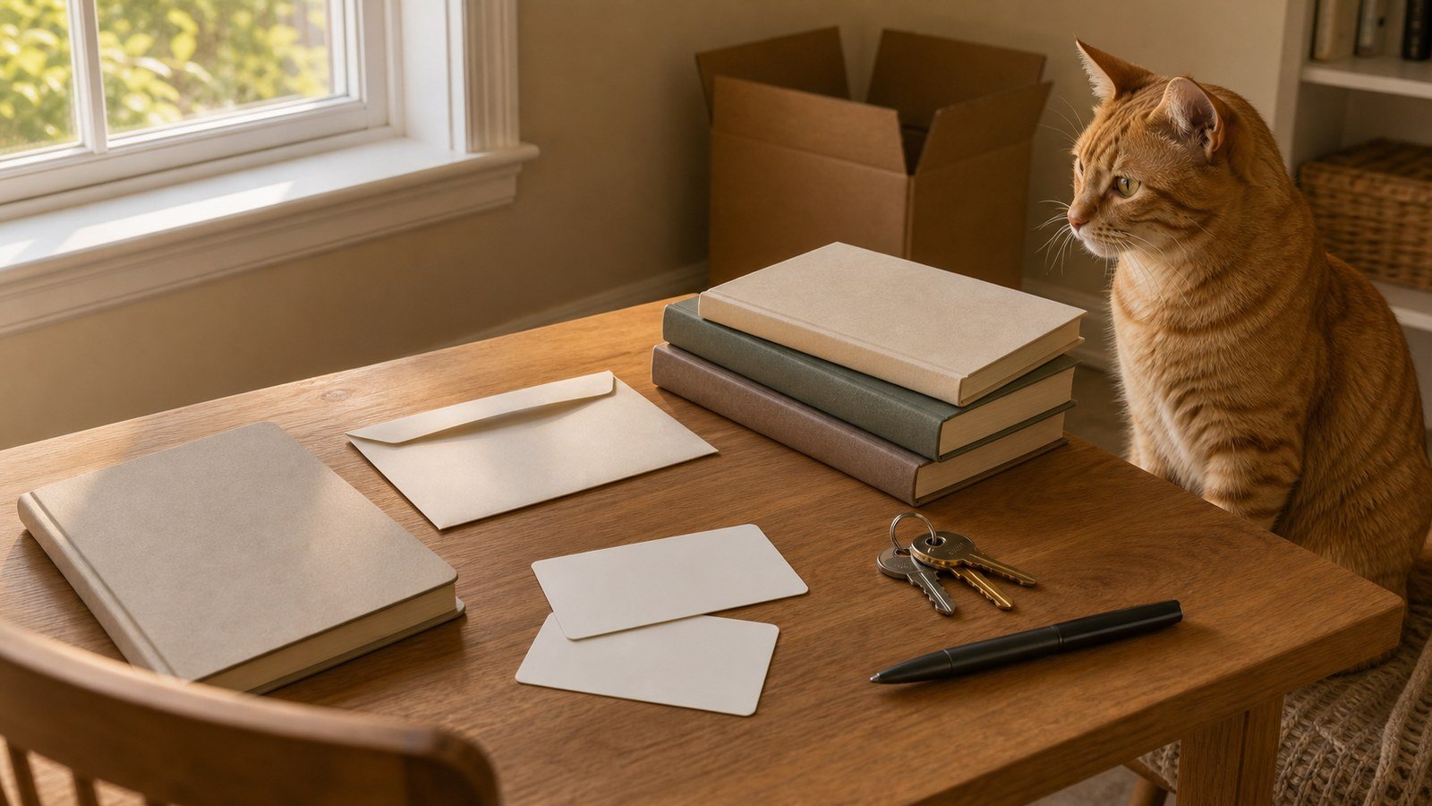 Library card address change checklist with blank cards, books, moving box, keys, and one orange cat