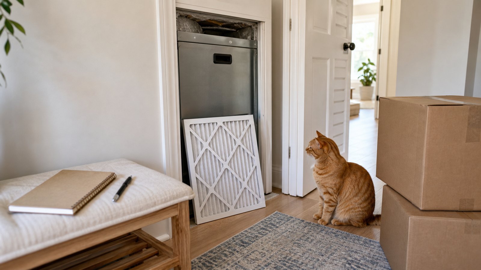 New home air filter checklist scene with one orange tabby cat