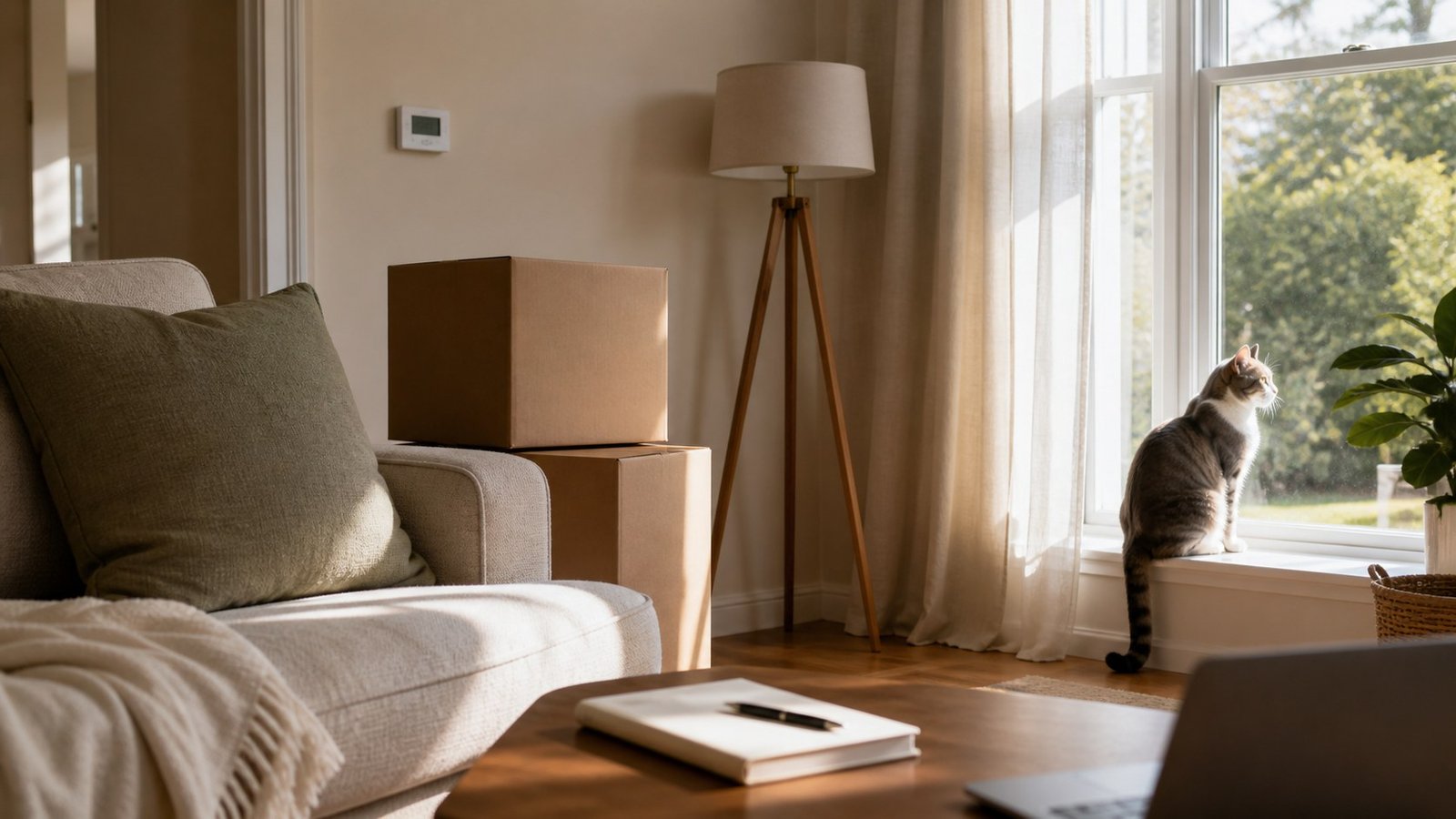 New home energy checklist scene with moving boxes, a thermostat, and one cat