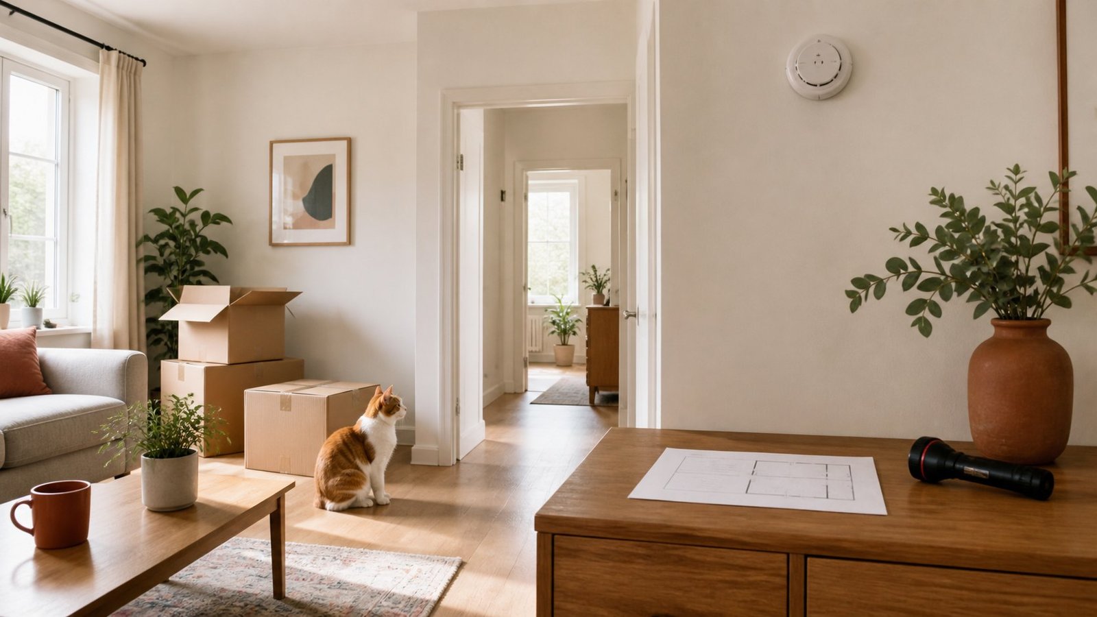 New home fire safety checklist scene with a smoke alarm and one cat