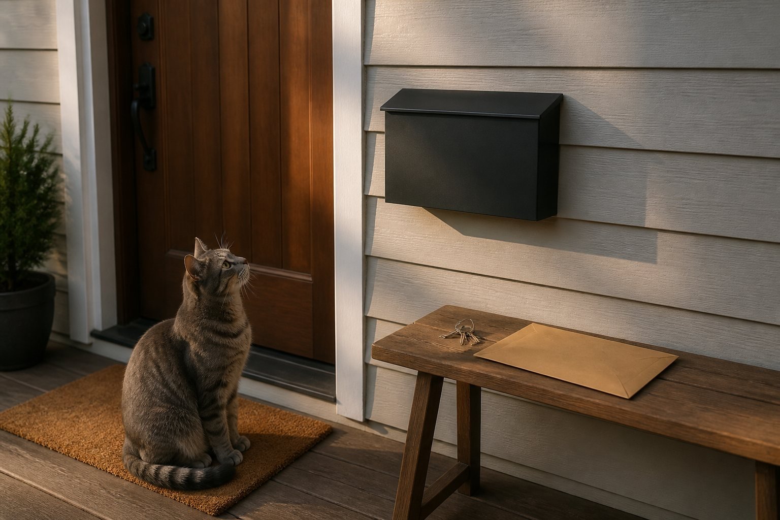 New home mailbox checklist scene with a wall mailbox, blank envelope, keys, and exactly one gray tabby cat
