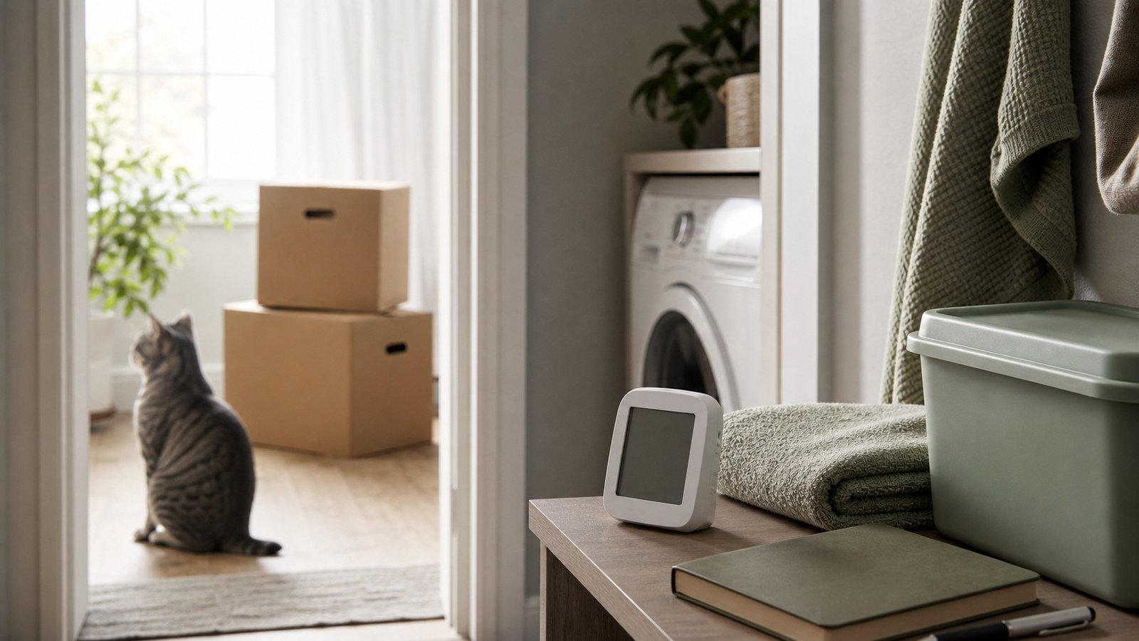 New home moisture checklist with humidity meter and one gray tabby cat