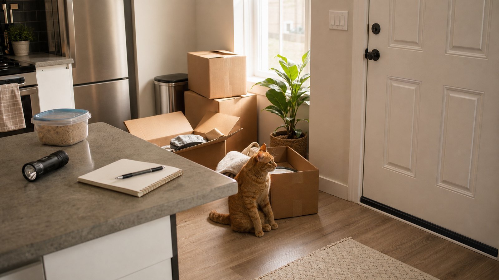 New home pest prevention checklist with moving boxes and one orange tabby cat