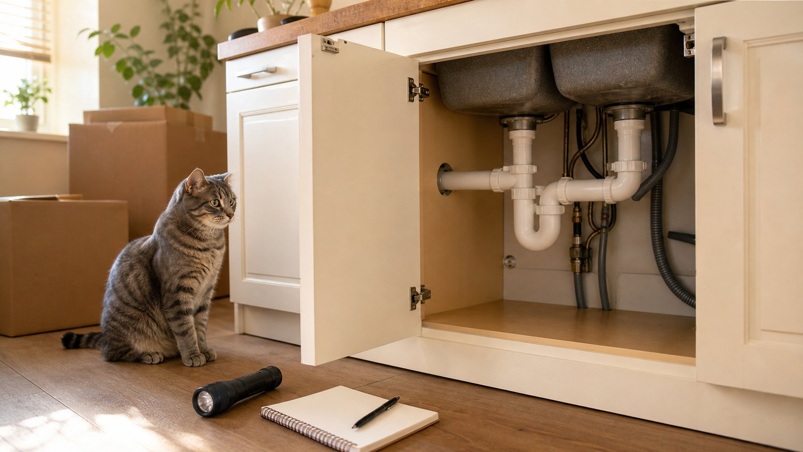 New home water leak checklist with a flashlight, blank notebook, sink plumbing, moving boxes, and one gray tabby cat