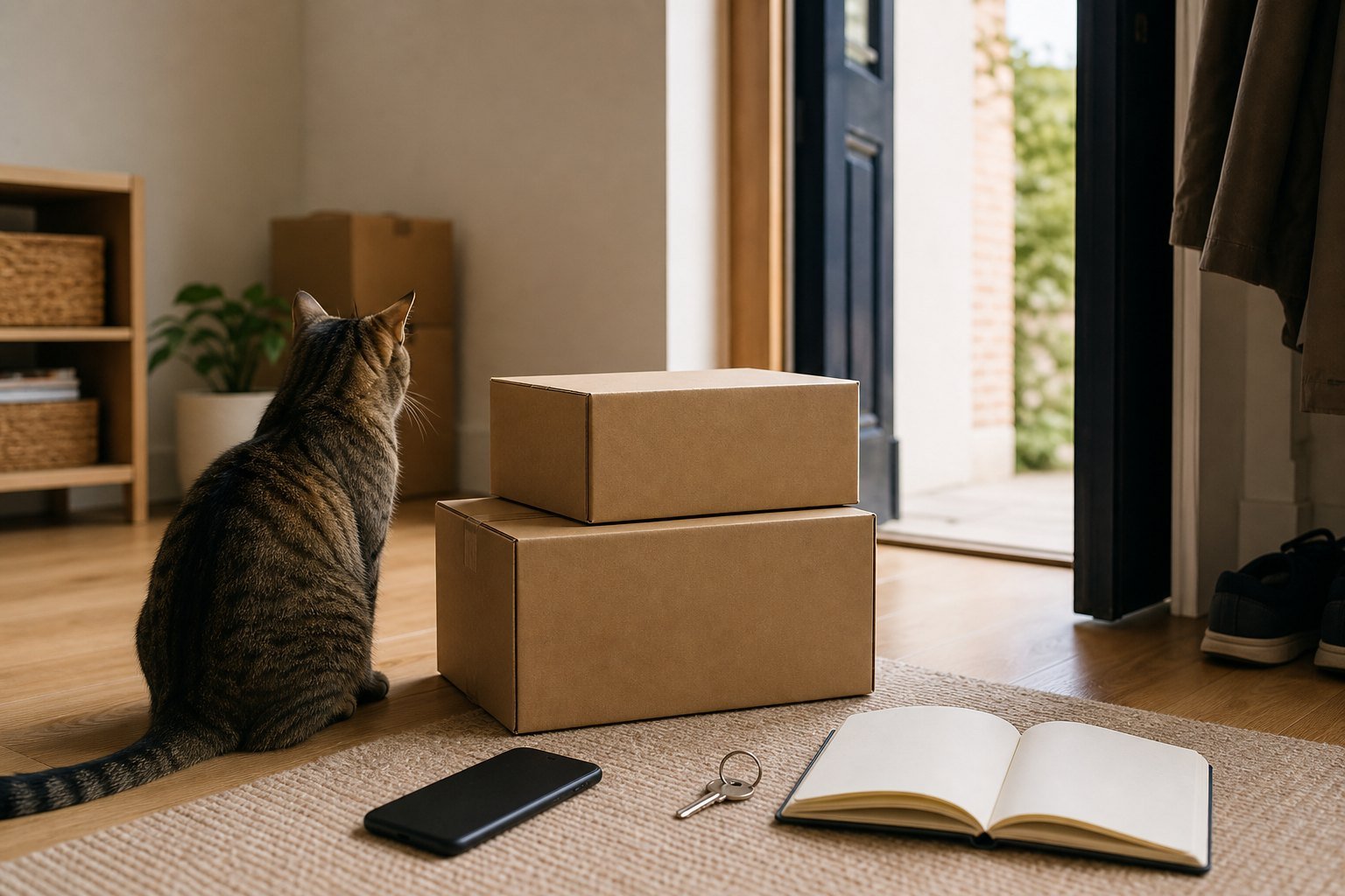 Package sent to old address checklist beside moving boxes and one brown tabby cat