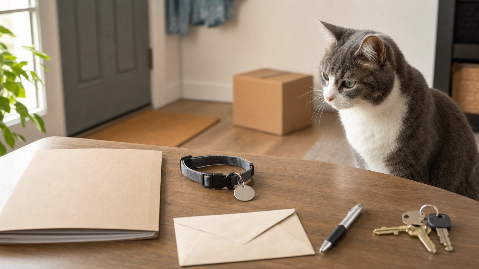 Pet license update checklist with collar, blank tag, moving folder, and one cat
