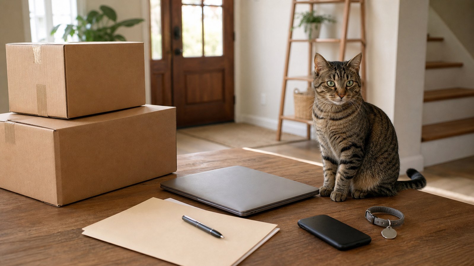Pet microchip update checklist with a cat and moving records