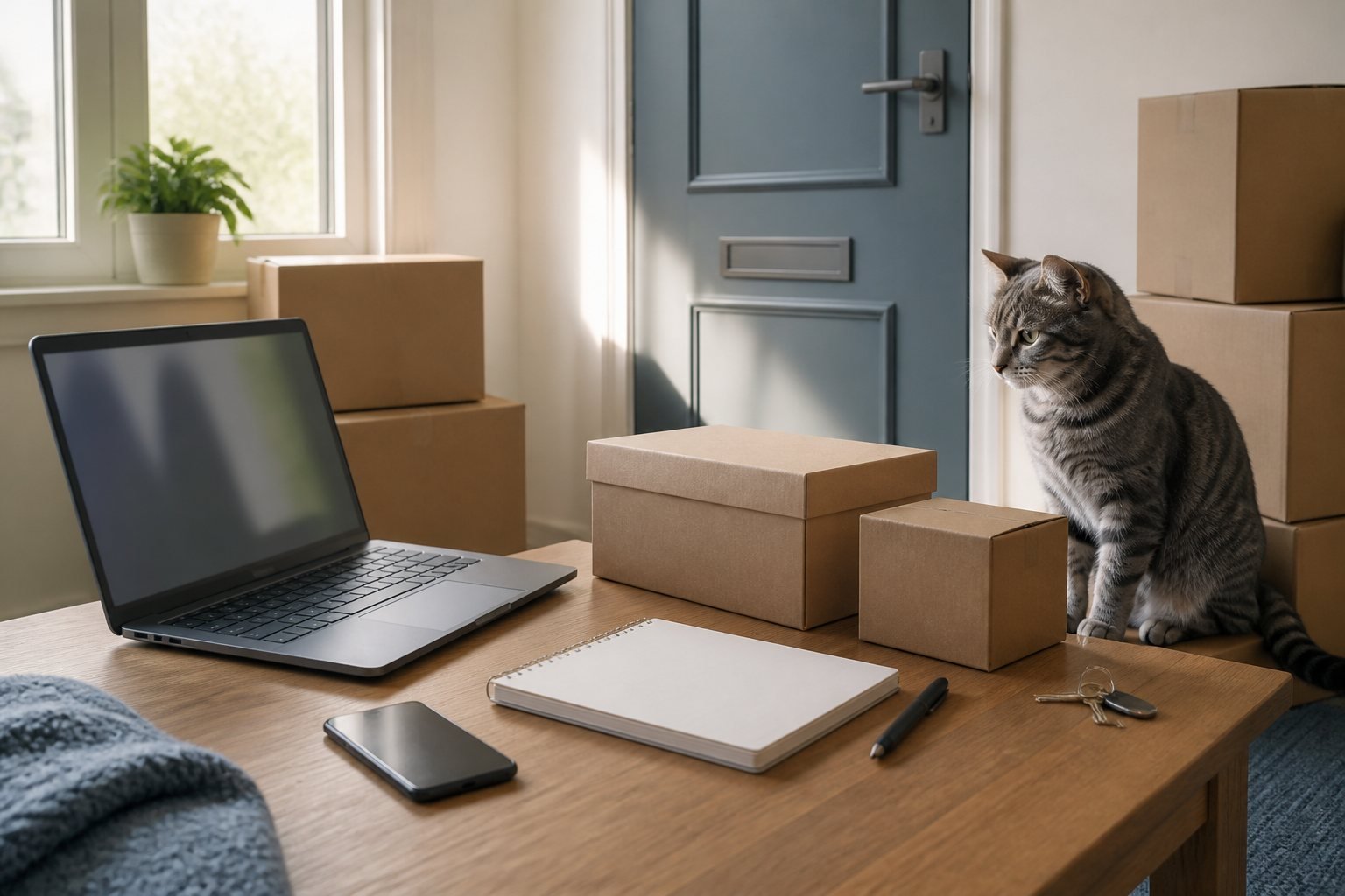 Saved address checklist after moving with blank parcels, laptop, notebook, keys, and exactly one gray tabby cat