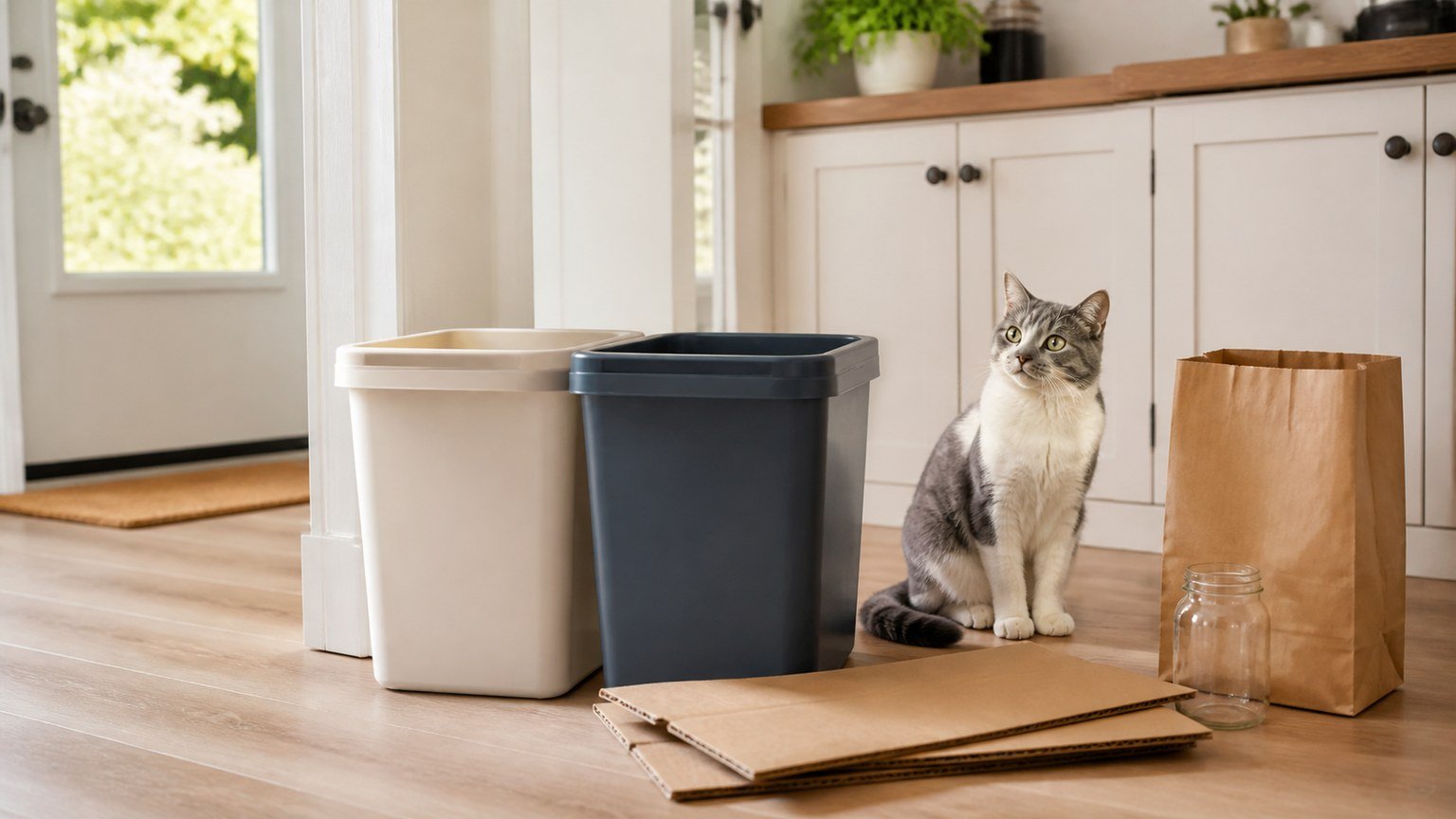 Trash and recycling setup checklist with moving boxes and one cat